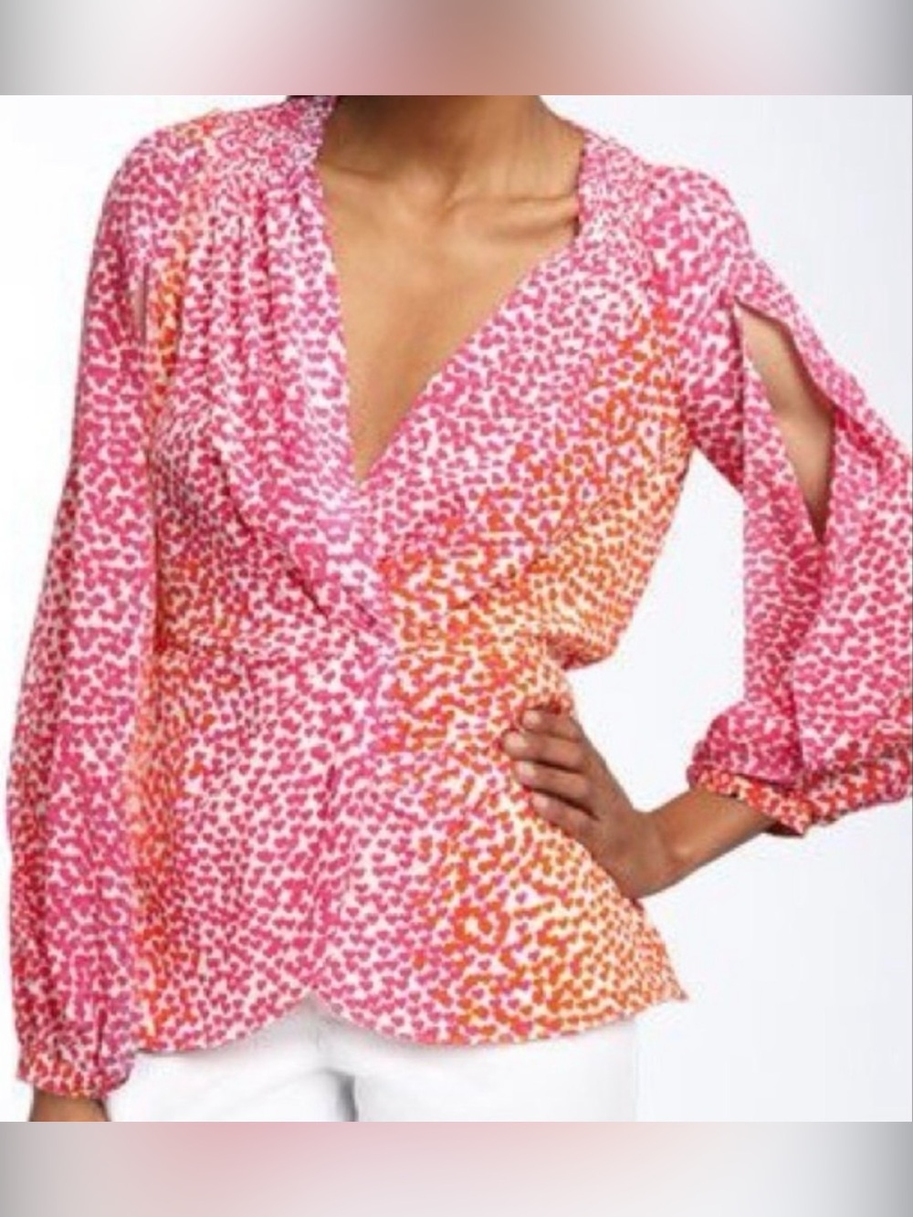 BCBGMaxAzria 100% Silk Pink Orange Hearts V Neck Split Full Sleeve Blouse- Small